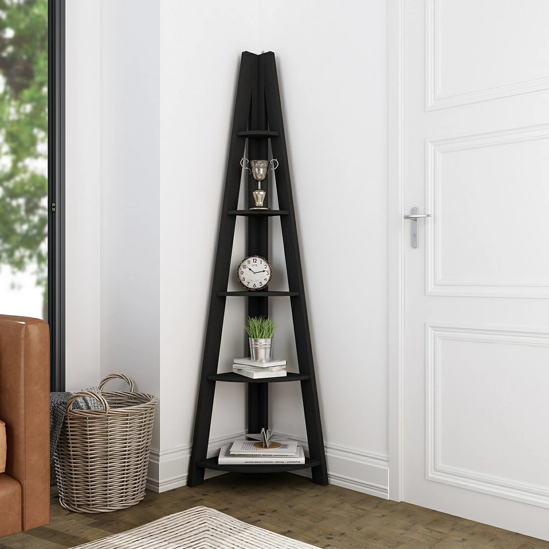 Tiva 4 Shelves Corner Ladder Shelving Matt Black Finish