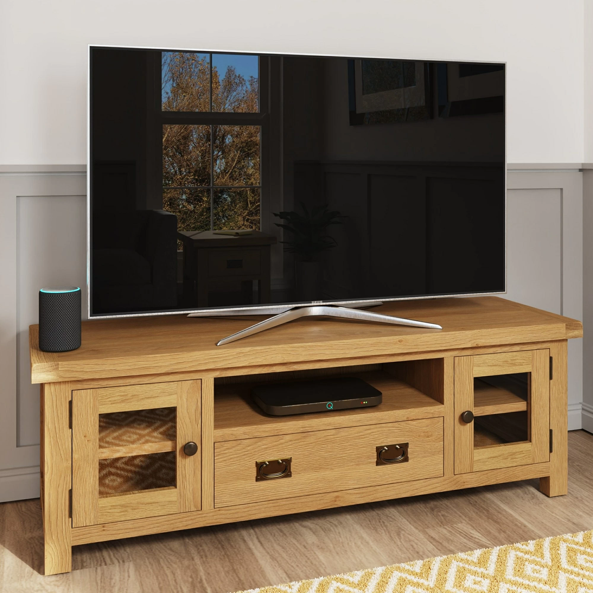 Oak tv unit shop with glass doors