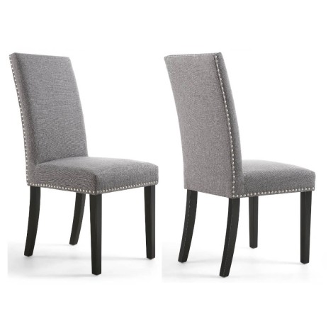 Pair Of - Randall - Steel Grey - Linen Effect Fabric - Stud Detail - Black Legs - Dining Chairs