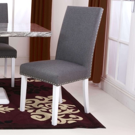 Pair Of - Randall - Steel Grey - Linen Effect Fabric - Stud Detail - White Legs - Dining Chairs