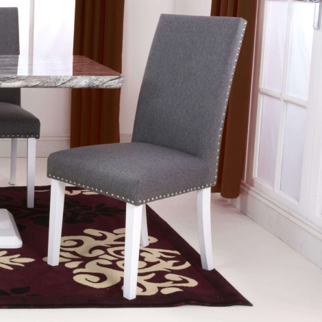 Randall - 2x Steel Grey Dining Chairs Linen Effect Fabric Stud Detail White Legs