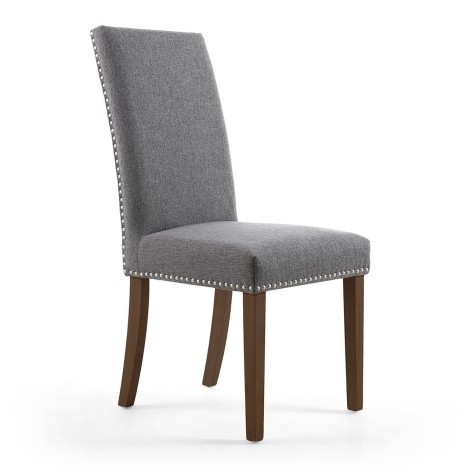 Randall - Pair Of - Steel Grey - Stud Detail - Linen Effect Fabric Dining Chair - Walnut Legs