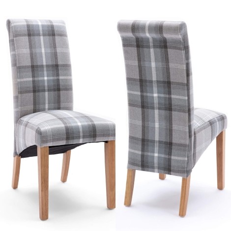 Pair Of - Karta - Grey Check Fabric - Roll Back Dining Chairs