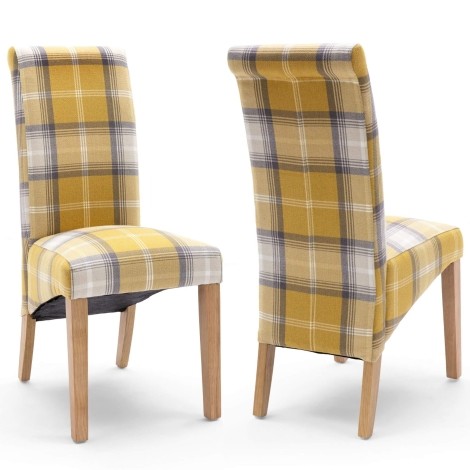 Pair Of - Karta - Yellow Check Fabric - Roll Back Dining Chairs