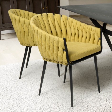 Pair Of - Pandora - Braided Yellow Fabric - Black Powder Coated Frame - Dining Chairs