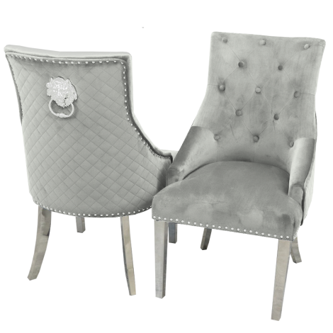 Pair Of Bentley - Light Grey Velvet - Lion head Knocker - Quilted Back - Dining Chairs With Chrome Legs