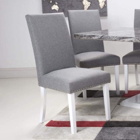 Pair Of - Randall - Silver Grey - Linen Effect Fabric - Stud Detail - White Legs - Dining Chairs