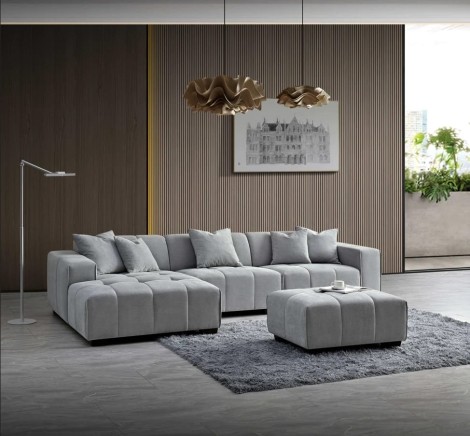 Aluxo Leonard - Grey Boucle Fabric Upholstered - Left Hand Facing Corner Chesterfield Sofa