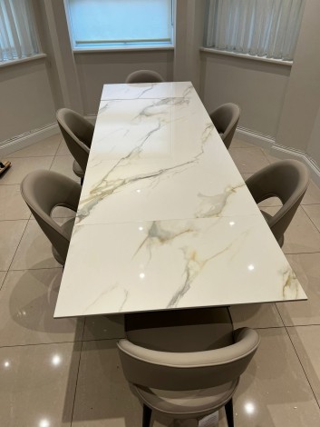 Carbon - White 'Kass Gold' - 180cm-280cm - Side Extending Ceramic Sintered Stone Dining Table - Grey Powder-coated Base