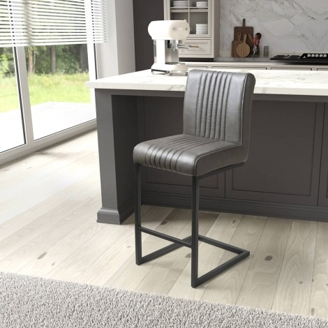 Archer - 2x Grey Faux Leather Bar Chairs - Cantilever Black Metal Legs