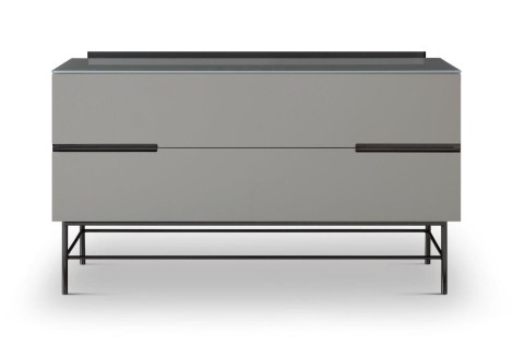 Alberto - Two Drawer Glass Top Low Sideboard - Grey Lacquered Paint & Dark Chrome Accent Sideboard With Drawers