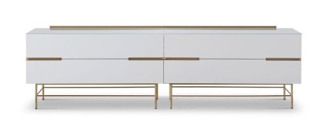 Alberto - Four Drawer Low Glass Top Sideboard - White Lacquered Paint & Brass Accent Sideboard With Drawers