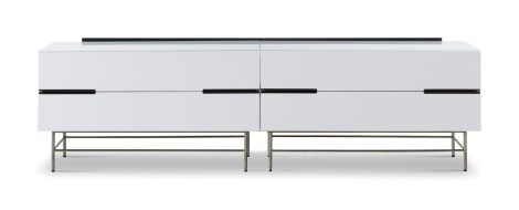 Alberto - Four Drawer Low Glass Top Sideboard - White Lacquered Paint & Dark Chrome Accent Sideboard With Drawers