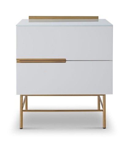 Alberto - 2 Drawer Narrow Bedside Chest - White Matt Lacquer & Brass Brushed