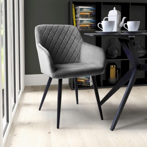 Marina - Pair Of - Velvet Upholstered - Brushed Grey - Diamond Stitched Back - Dining Chair - Black Metal Tapering Legs