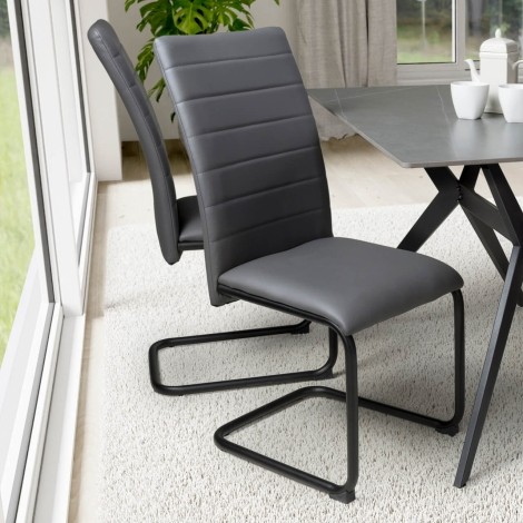 Carlisle - Set of 4 - Grey - Leather Effect - Upholstered Dining Chair - Black Metal Legs