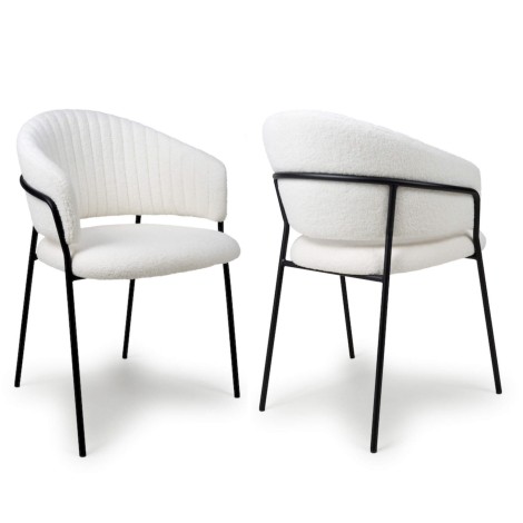 Pair Of - Maya - White - Boucle Fabric - Dining Chairs - Black Metal Frame