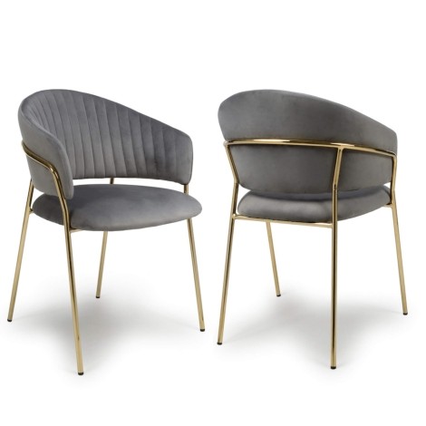 Pair Of - Maya - Grey - Velvet Fabric - Dining Chairs - Gold Metal Frame