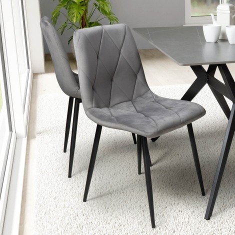 Vernon - Set of 4 Grey Brushed Velvet Dining Chairs - Black Metal Legs