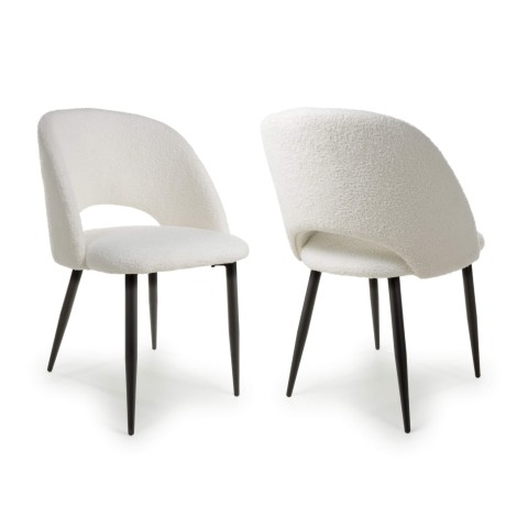 Pair Of - Atlanta - White - Boucle Fabric - Dining Chairs - Black Metal Legs