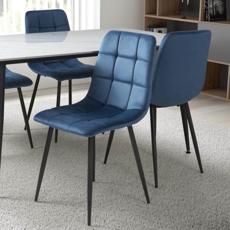 Madison - Set of 4 Blue Brushed Velvet Dining Chairs - Black Metal Legs
