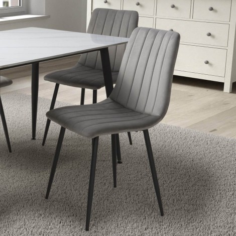 Lisbon - Set of 4 - Grey - Brushed Velvet - Upholstered Dining Chair - Black Metal Legs