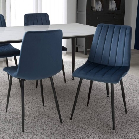 Lisbon - Set of 4 - Blue - Brushed Velvet - Upholstered Dining Chair - Black Metal Legs
