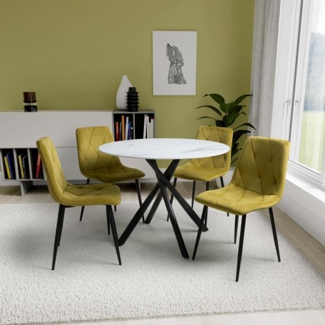 Avesta - White - Marble Effect - 100cm - Round Dining Table With 4 Vernon - Yellow/Mustard Velvet Chairs