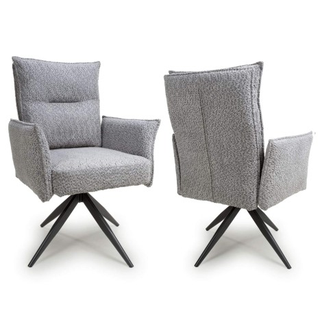 Brunswick - 2x Light Grey Textured Chenille Fabric Swivel Dining Chairs - Black Metal Legs