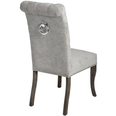 Silver - Roll Top - Grey Fabric - Ring Knocker Back - Dining Chair - Dark Legs