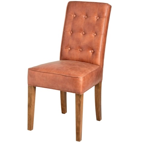 Tan - Faux Leather Upholstered - Buttoned Back - Dining Chair - Wooden Legs