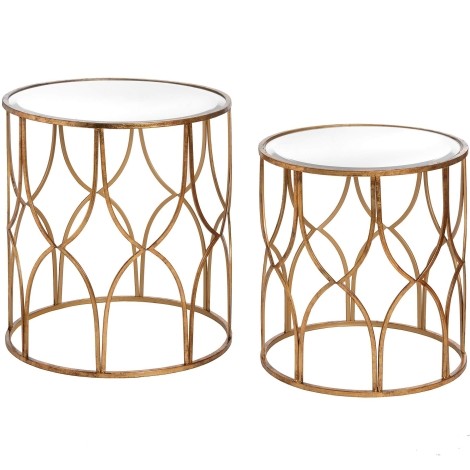 Art Deco - Lattice Detail - Set of Two Side Tables - Mirrored Glass top - Antique Gold Finish Metal Frame