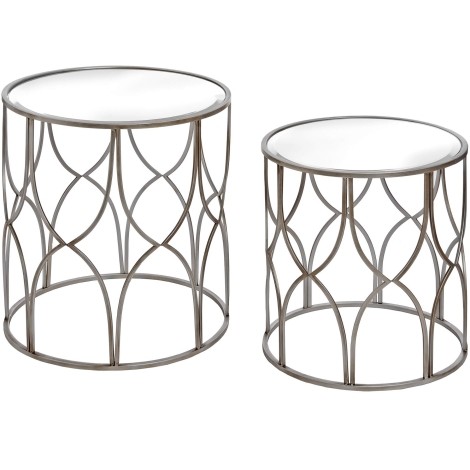 Art Deco - Lattice Detail - Set of Two Side Tables - Mirrored Glass top - Antique Silver Finish Metal Frame