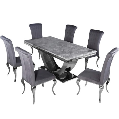 Arial Light Grey Rectangular Dining Table 180cm Marble Top & 4 Nicole Dark Grey Leather Chairs