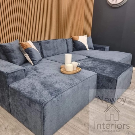 Atlanta Blue Chenille U Shape Modula Corner Sofa & Stool