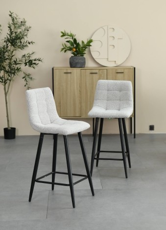 Cream - Boucle Fabric - Waffle Stitched - Bar Stool with Footrest - Black Tapering Legs - Pair