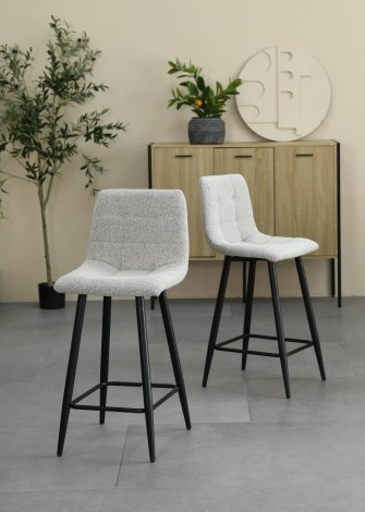 Smoke Grey - Boucle Fabric - Waffle Stitched - Bar Stool with Footrest - Black Tapering Legs - Pair