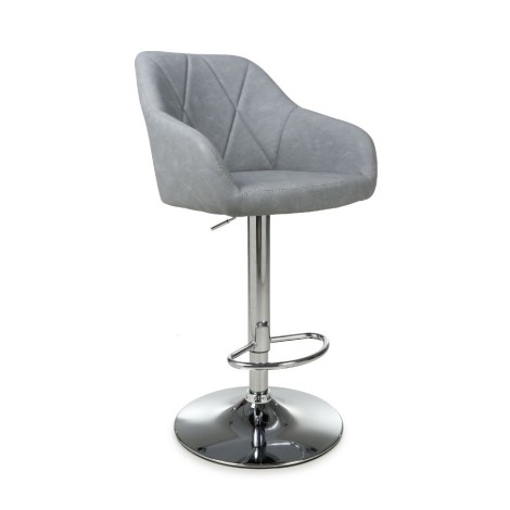 Grey - Faux Leather - Gas Lift - Bar Stool with Footrest - Chrome Metal Base - Pair