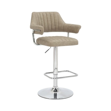 Cortez - Pair Of - Upholstered - Mink Leather Effect Fabric - Ribbed Stitched Detailing - Bar Stool - Chrome Base with Footrest