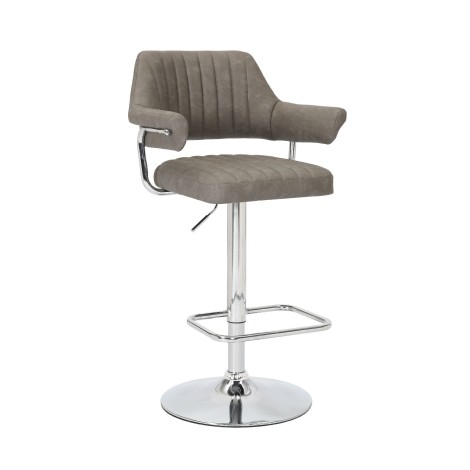 Cortez - Pair Of - Upholstered - Charcoal Leather Effect Fabric - Ribbed Stitched Detailing - Bar Stool - Chrome Base with Footrest