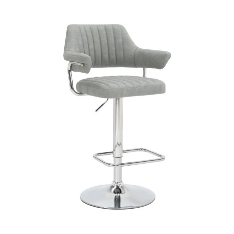 Cortez - Pair Of - Upholstered - Light Grey Leather Effect Fabric - Ribbed Stitched Detailing - Bar Stool - Chrome Base with Footrest