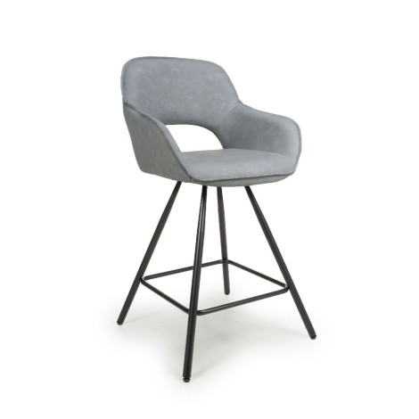 Grey - Faux Leather - Bucket Seat - Bar Stool with Footrest - Black Metal Legs - Pair