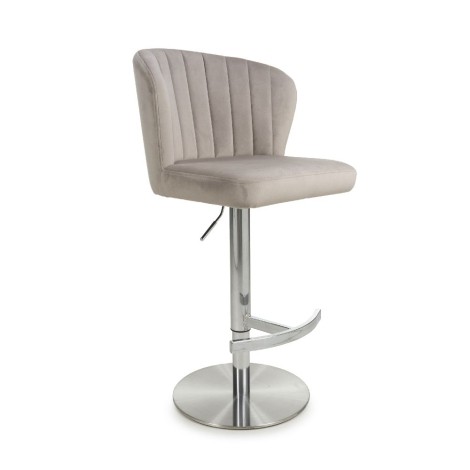 Mink - Velvet Fabric - Gas Lift - Shell Back - Bar Stool with Footrest - Stainless Steel Round Base - Pair