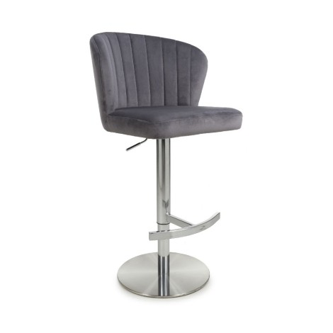 Grey - Velvet Fabric - Gas Lift - Shell Back - Bar Stool with Footrest - Stainless Steel Round Base - Pair