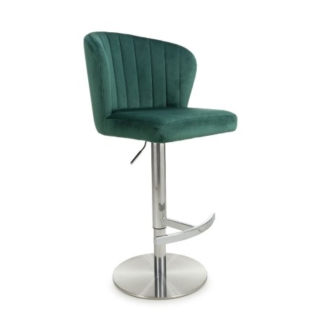 Green - Velvet Fabric - Gas Lift - Shell Back - Bar Stool with Footrest - Stainless Steel Round Base - Pair