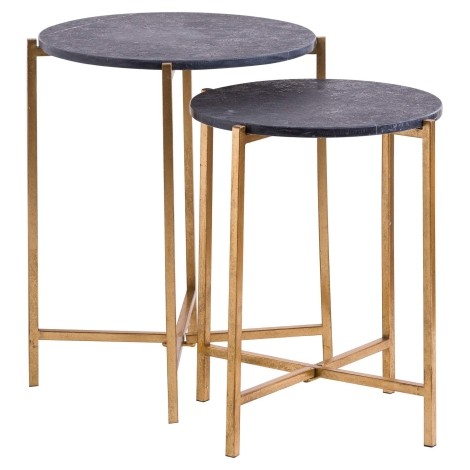 Set Of 2 - Round - Black Marble Top - Side Tables - Gold Metal Frame