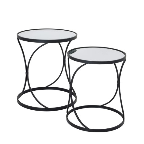 Concaved - Set Of Two - Mirrored Glass Top - Side Tables - Black Metal Frame