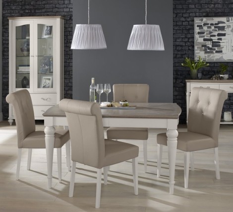 Montreux Grey Washed Oak & Soft Grey 4-6 Seater Table & 4 Upholstered Chairs in Grey Bonded Leather
