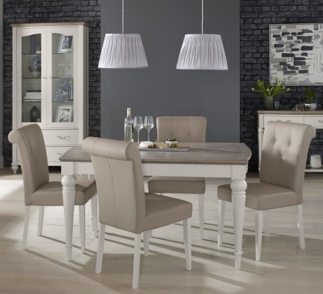 Montreux Grey Washed Oak & Soft Grey - 4 to 6 Seater Extending Dining Table & 4 Upholstered Chairs in Grey Bonded Leather