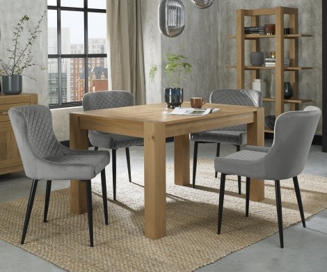 Turin - Light Oak - 4 to 6 Seater Rectangular Extending Dining Table & 4 Cezanne Grey Velvet Chairs - Black Legs